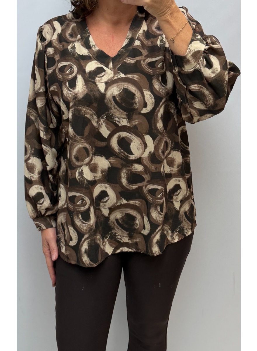 Blouse met v-hals en painted circles bruin