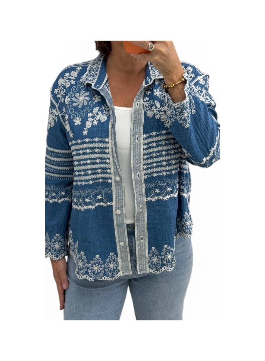 Blouse met kraag en bloemen werking Calie denim blauw