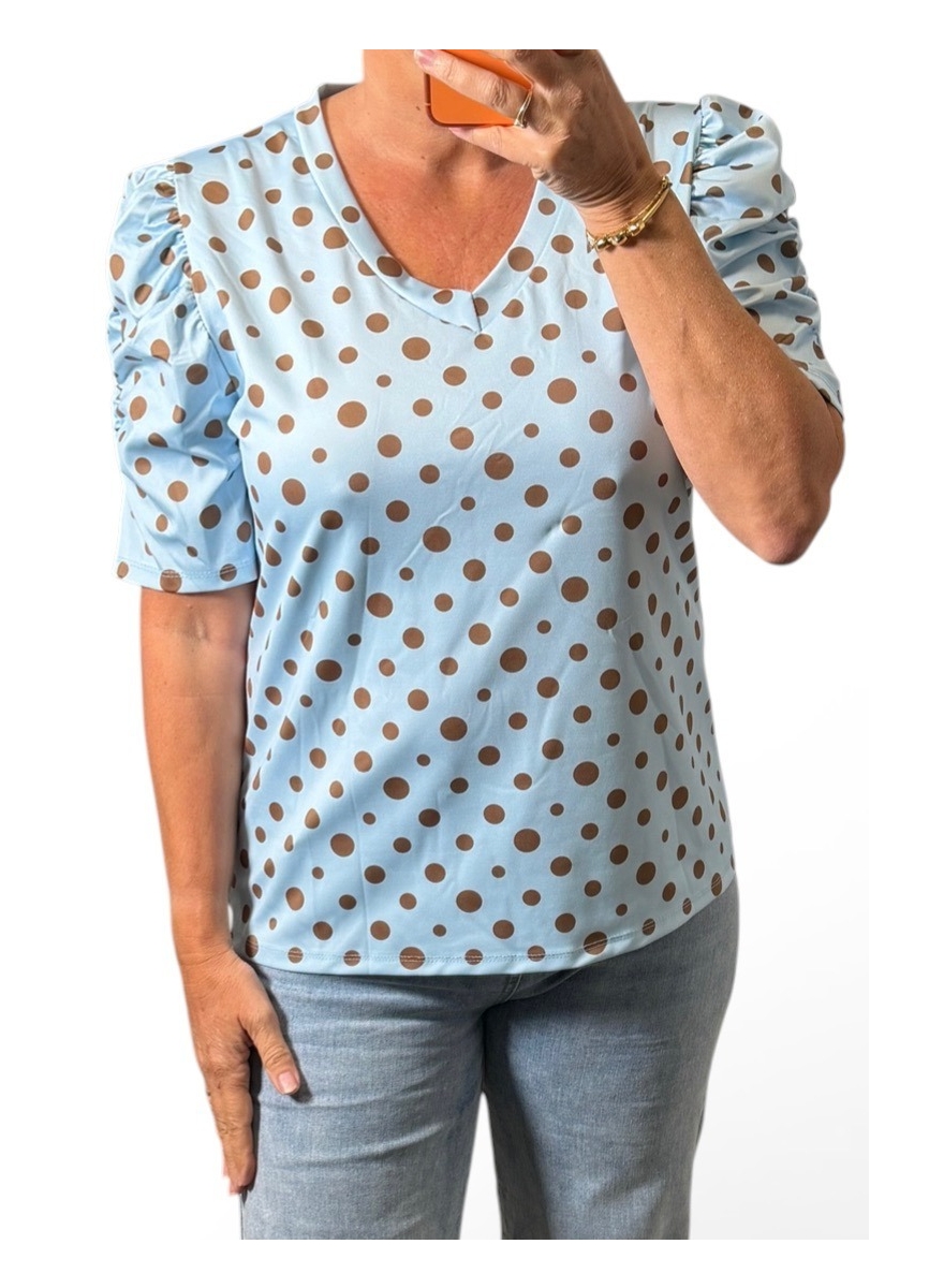 Blouse met v-hals en pofmouw stippen blauw