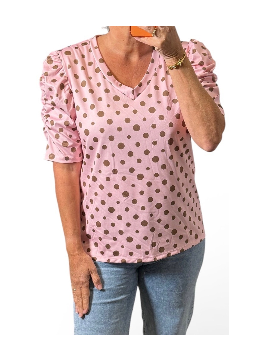 Blouse met v-hals en pofmouw stippen roze