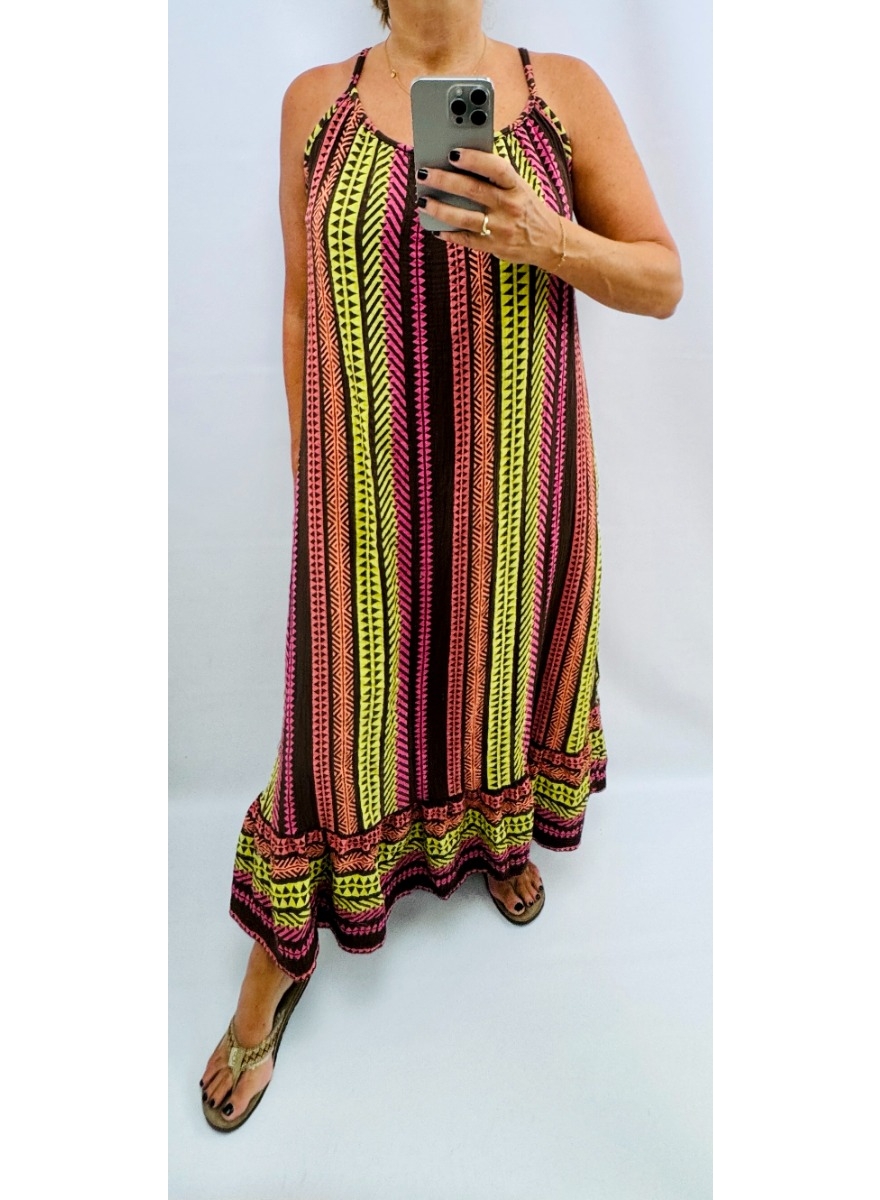Lange mouwloze low back dress van wafel katoen aztec bruin