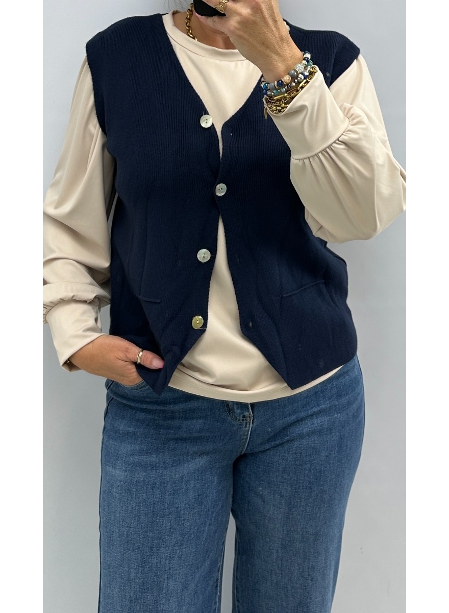 Mouwloos gilet met knopen ribbed Roos donker blauw