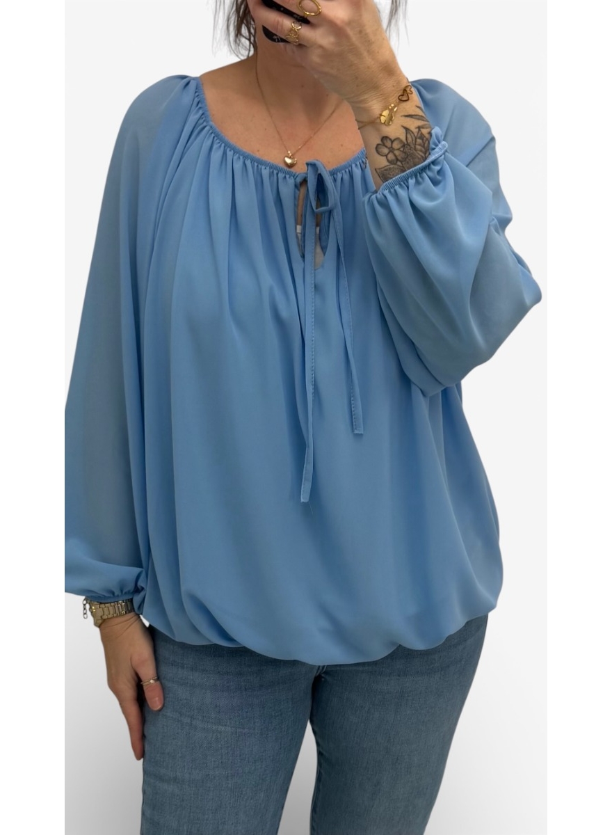 Size plus ballon blouse met koordje uni blauw