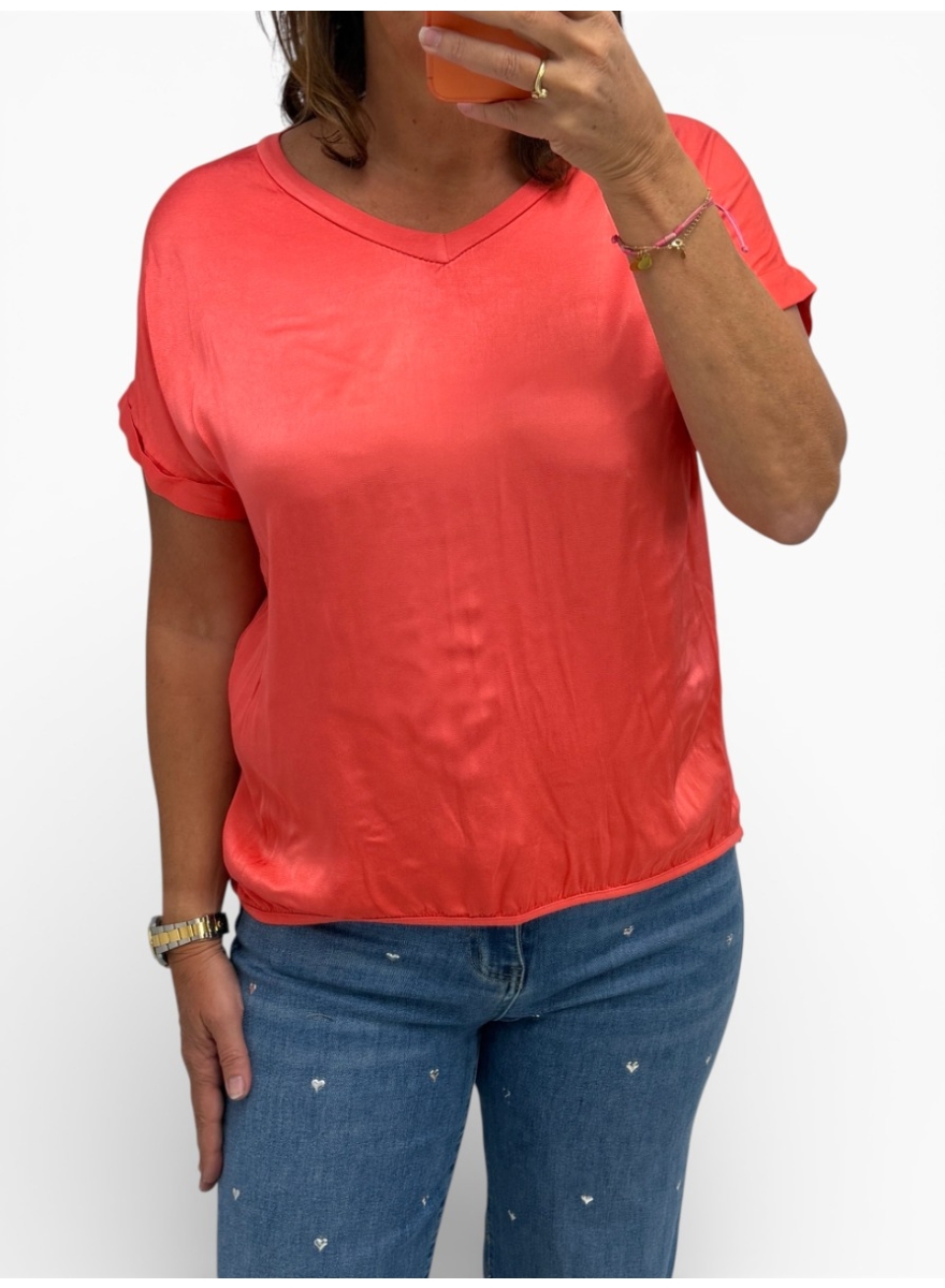 Shirt met satijn-look voorzijde Livia koraal