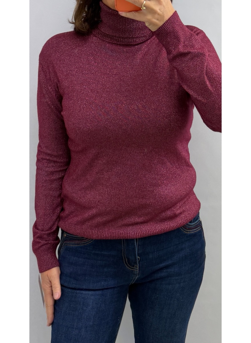 Basic coll trui met lange mouw en GLITTER wijnrood  