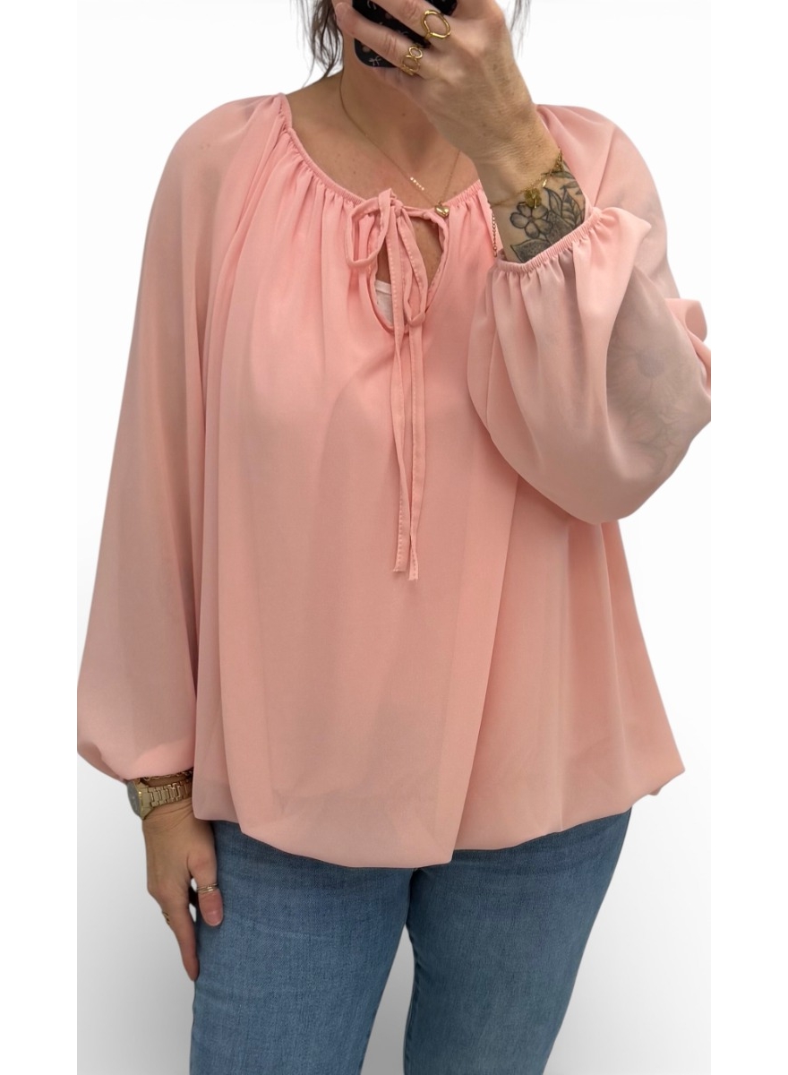 Size plus ballon blouse met koordje uni zalm