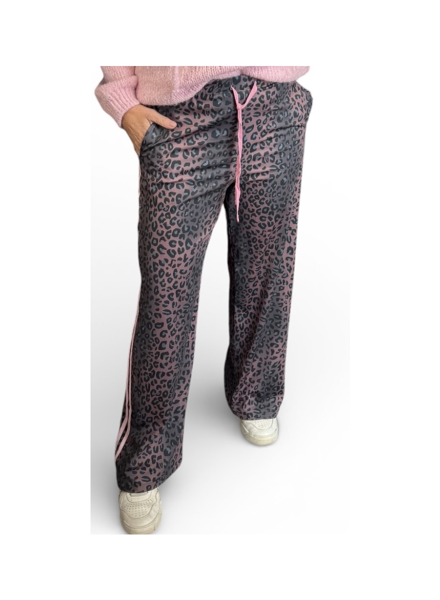 Travelstof panterprint broek met koord roze