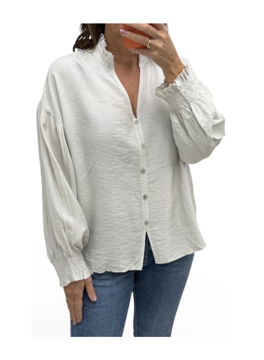 Blouse met opstaande ruffle kraag en smock mouw Wiesje off-white