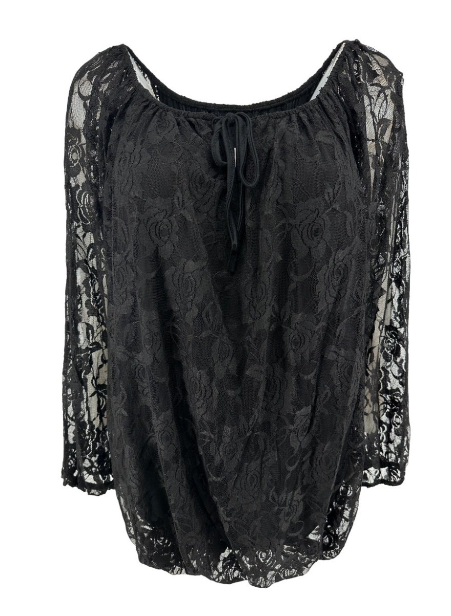 Kanten ballon blouse met koordje Celestine zwart