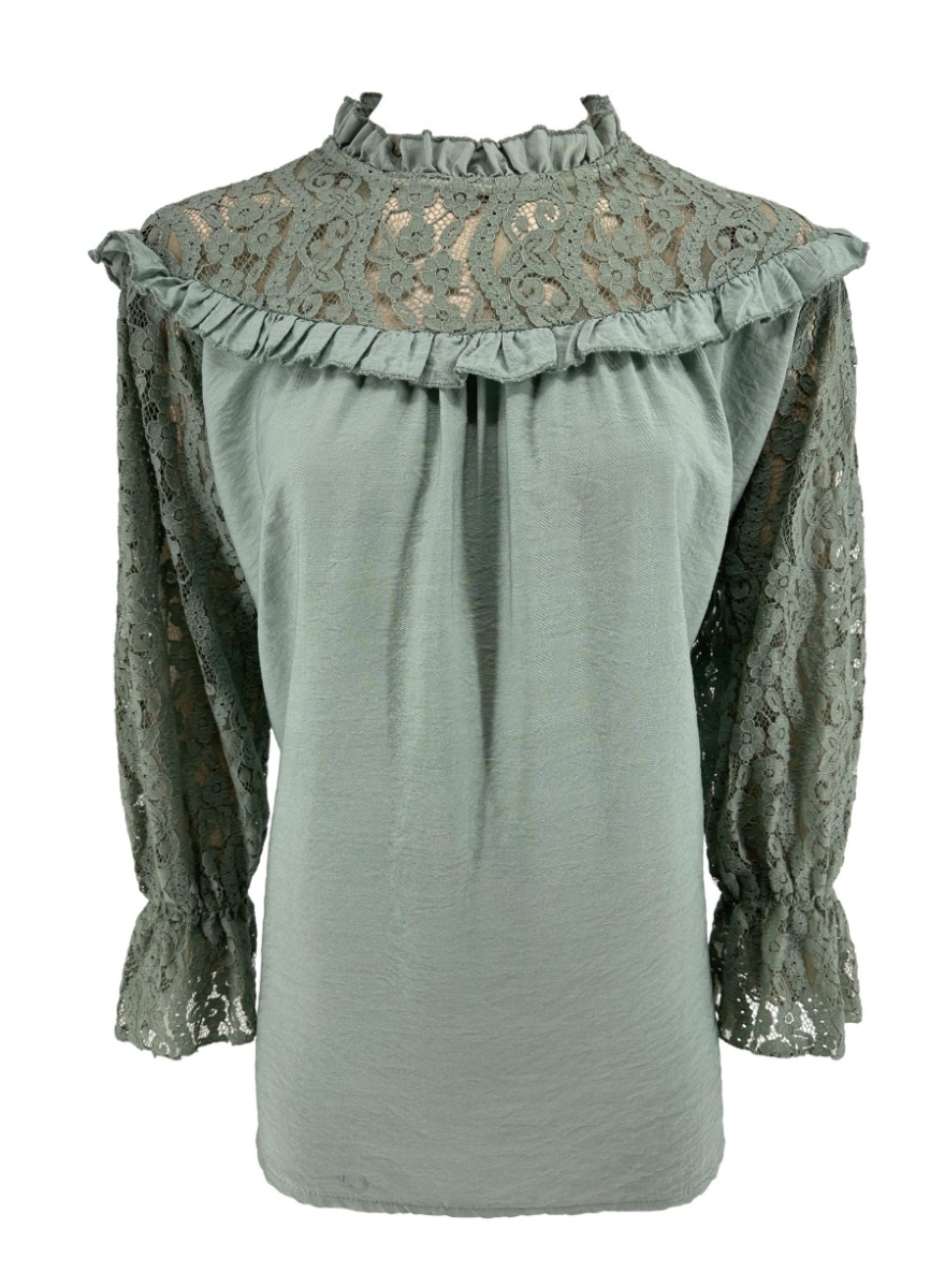 Blouse met kanten mouw en ruffle Ami oud groen. SALE