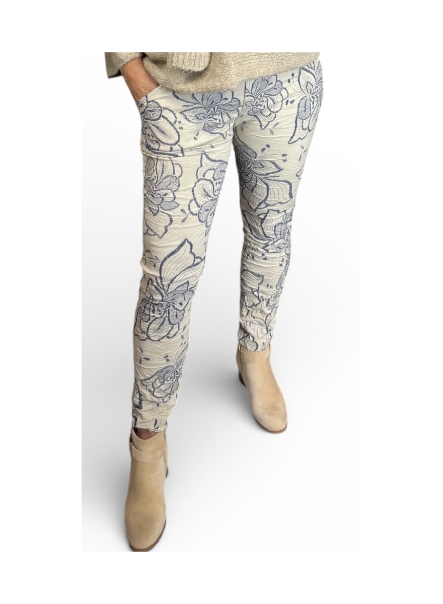 Italy broek met bloemenprint beige