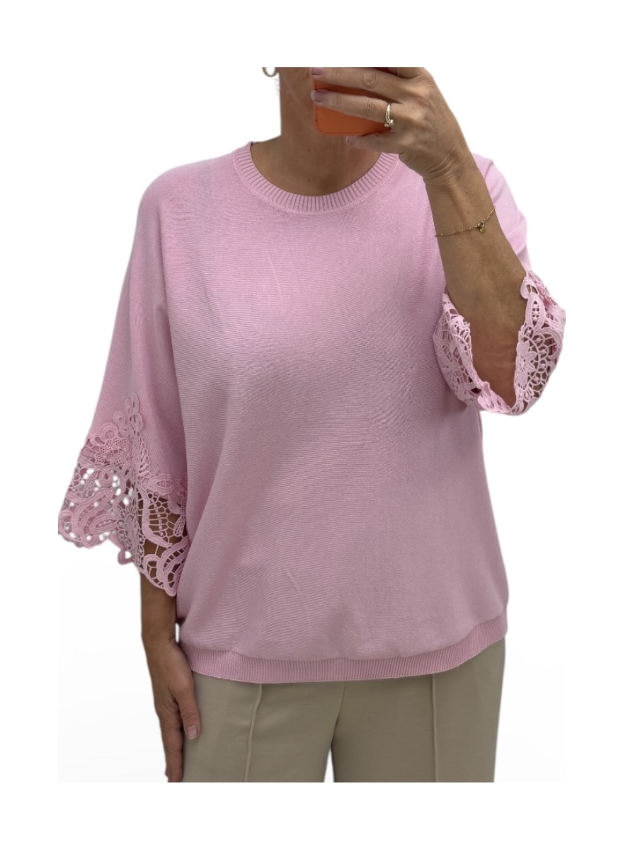 Trui met ronde hals en kanten mouw Lotte roze