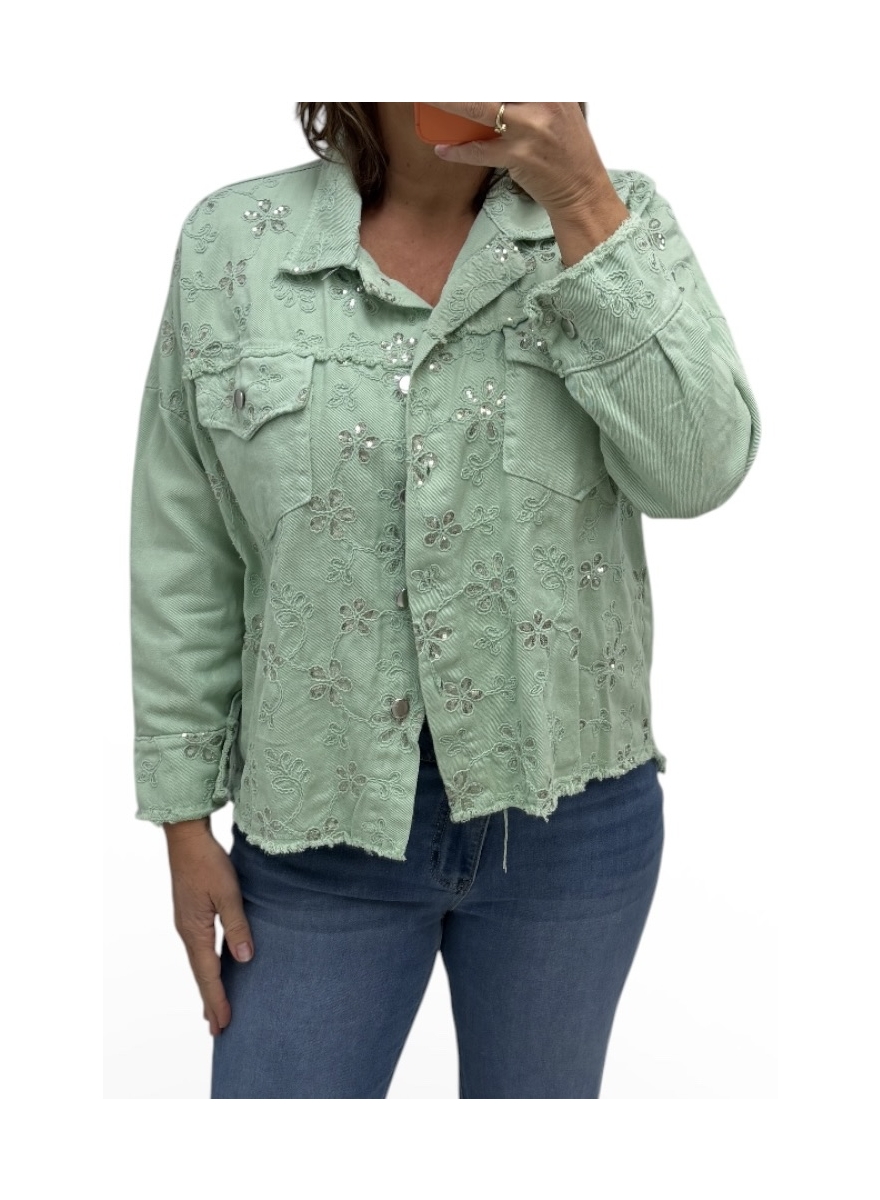 Denim jack met bloemen en pailletten Denise groen