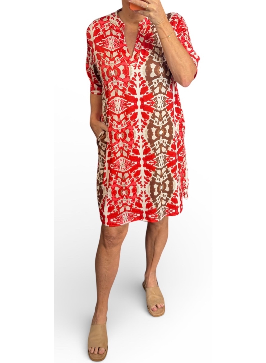 Jurk/tuniek met opstaande boord en korte mouw Melany snake rood