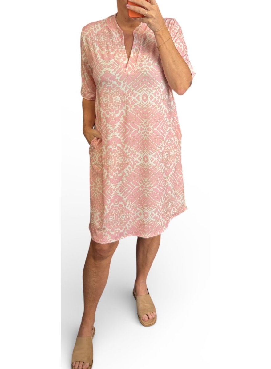 Jurk/tuniek met opstaande boord en korte mouw Melany kaleido roze