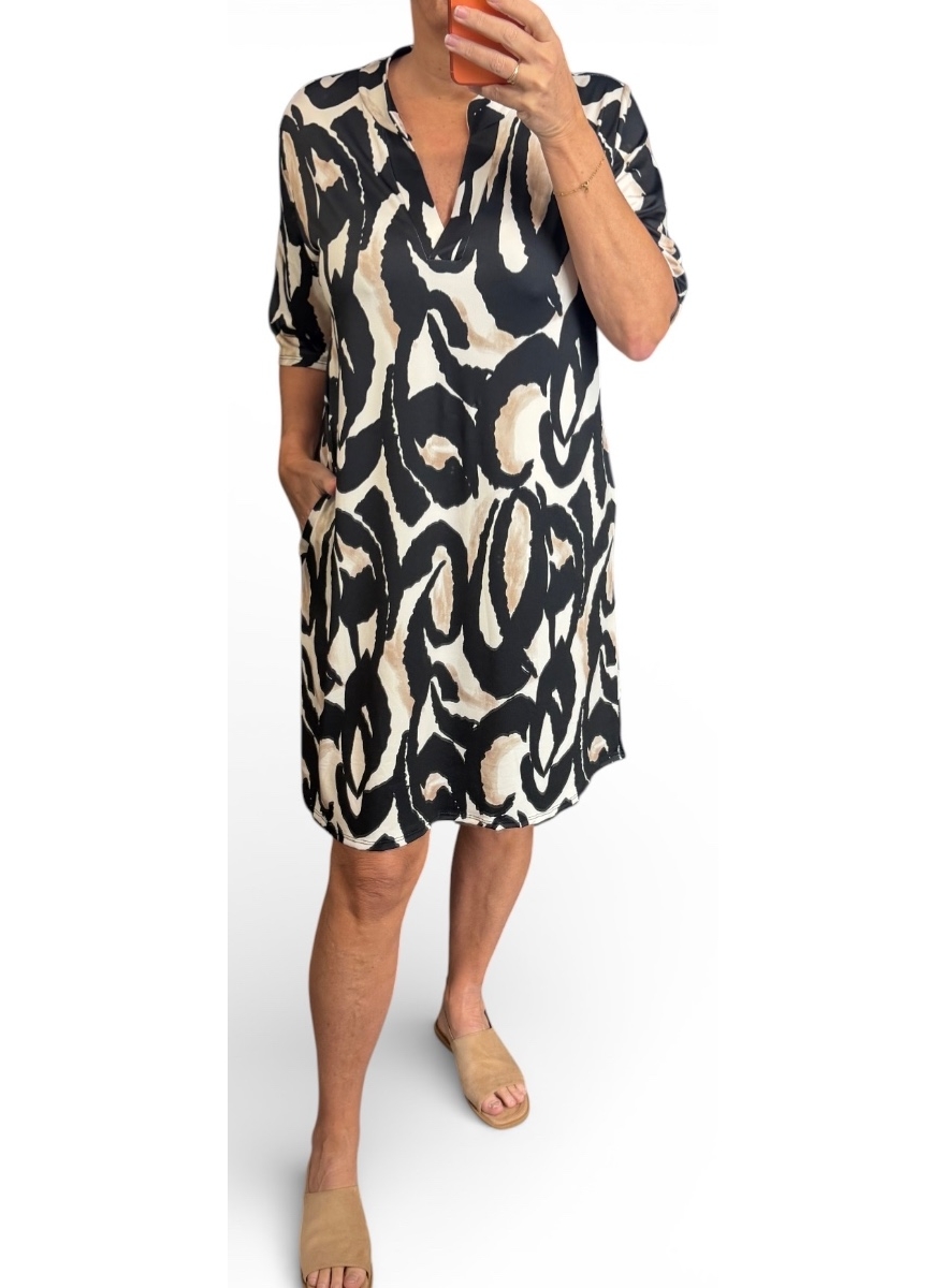 Jurk/tuniek met opstaande boord en korte mouw Melany virgola zwart