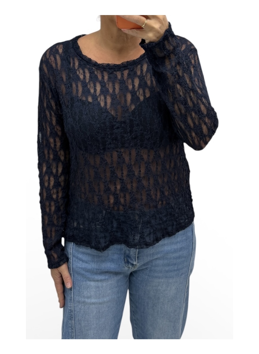GROTERE kanten top met lange mouw Izzy donker blauw