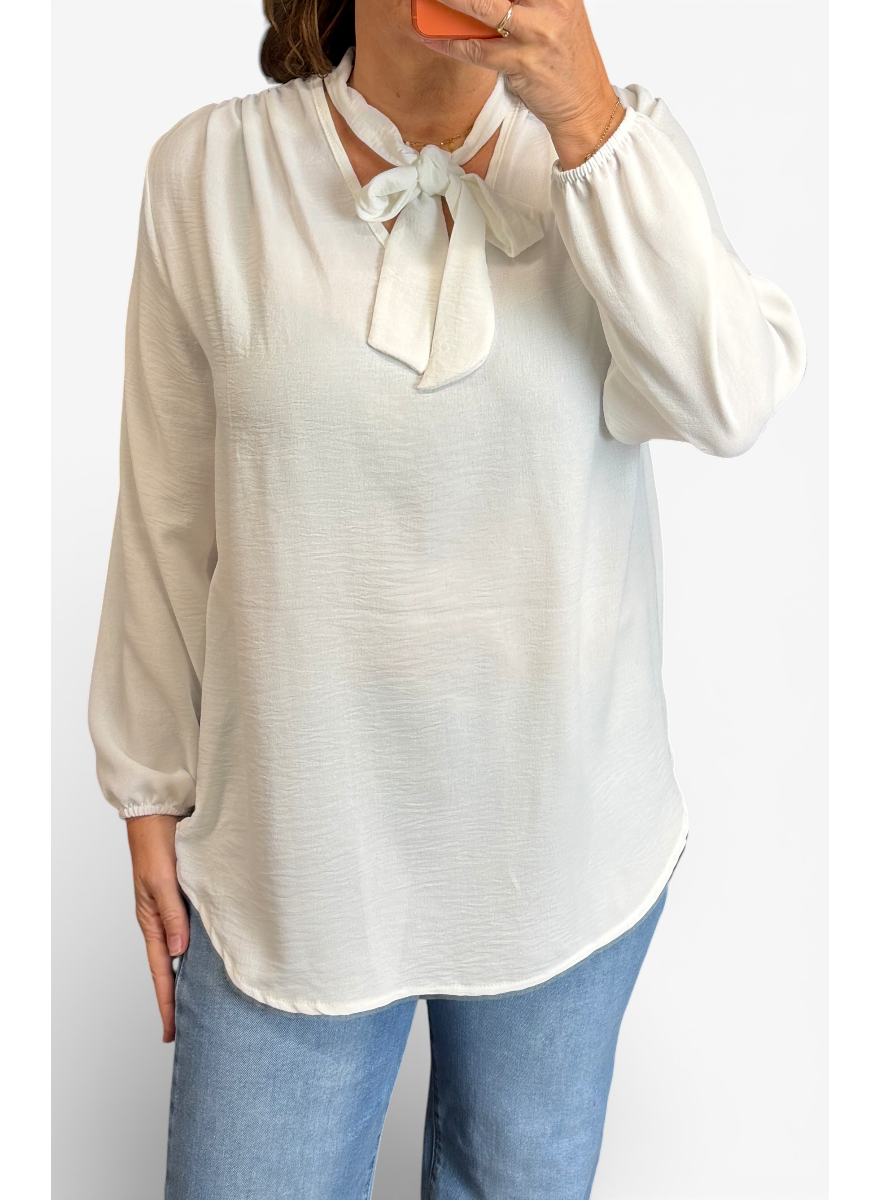 Blouse met strik in de hals Doris uni off-white