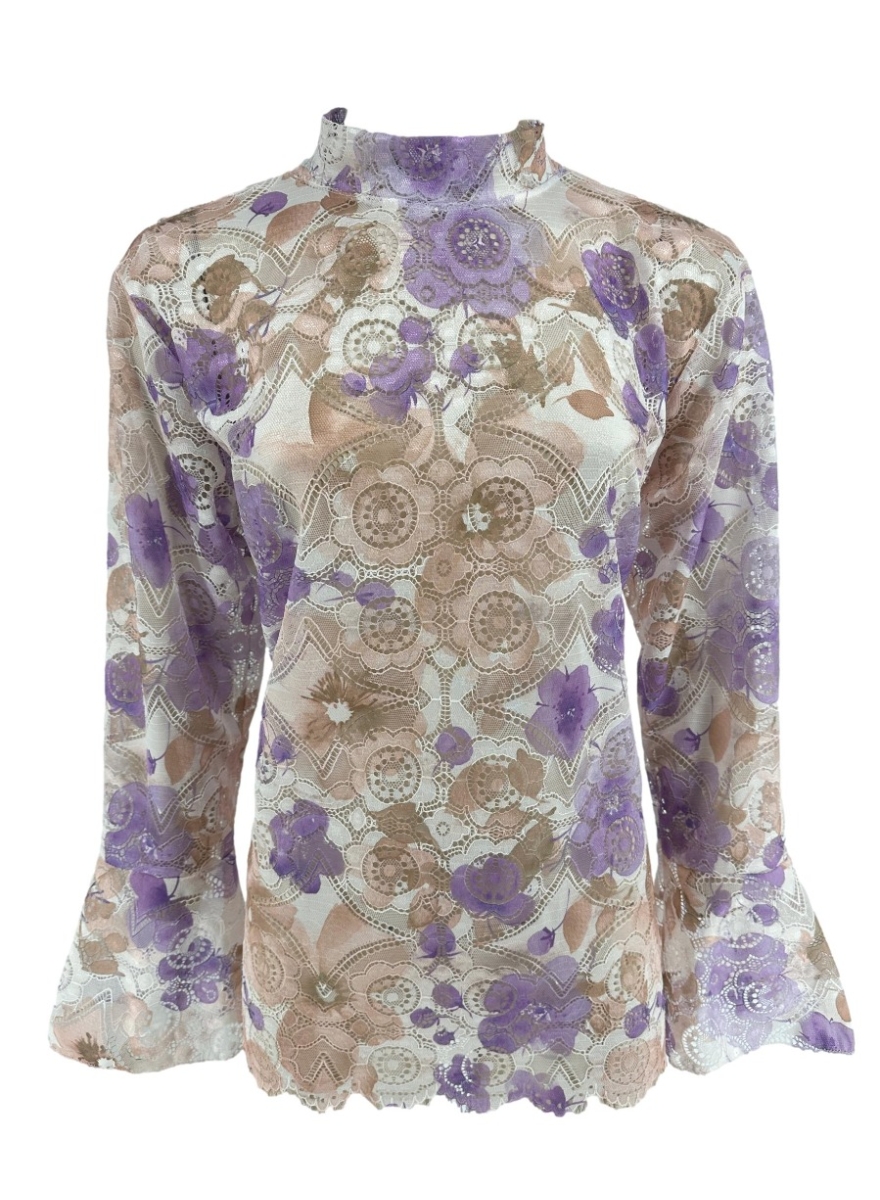 Top van kant met trompet mouw en BLOEMEN lila. (tkd) SALE