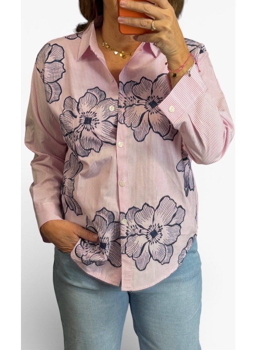Blouse met strepen en bloem borduursel roze