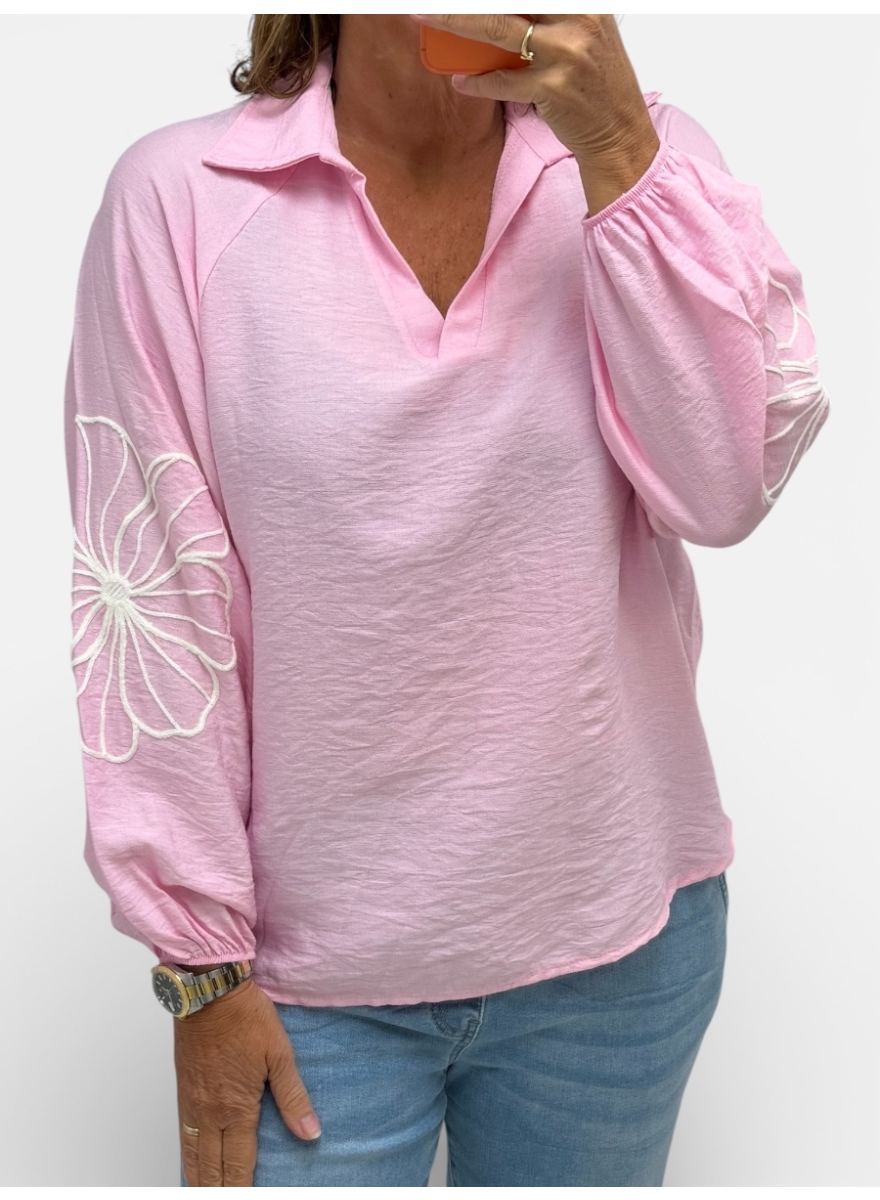 Blouse met kraag en borduursel windbloem licht roze