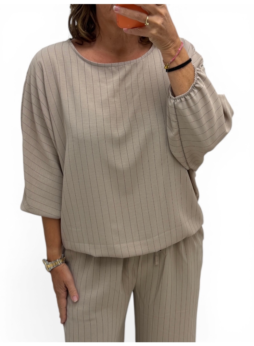 Blouse met vleermuis mouw en strepen Pleun taupe