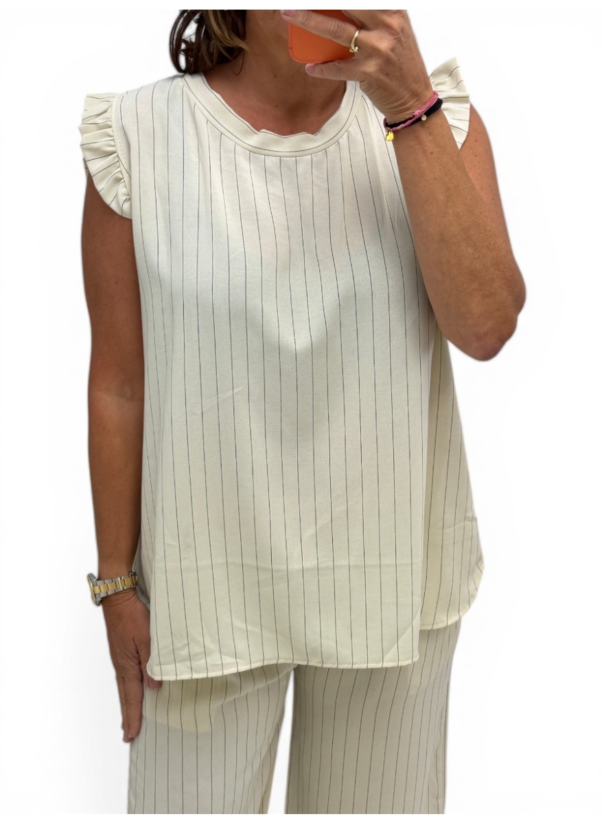 Top met kleine ruffle aan de mouw en STREPEN Lucy creme