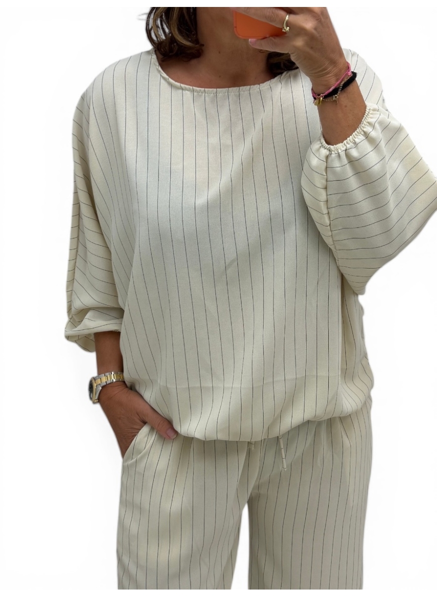 Blouse met vleermuis mouw en strepen Pleun creme