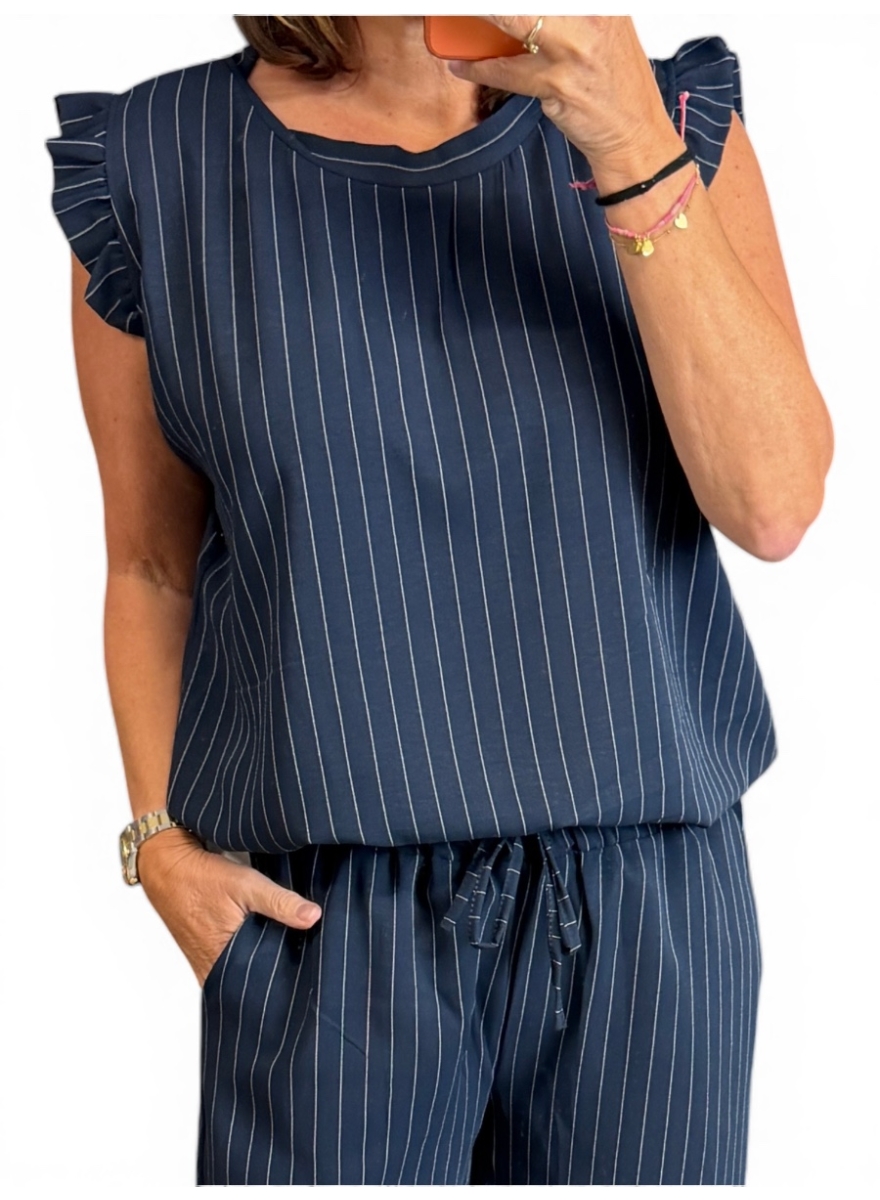 Top met kleine ruffle aan de mouw en STREPEN Lucy donker blauw
