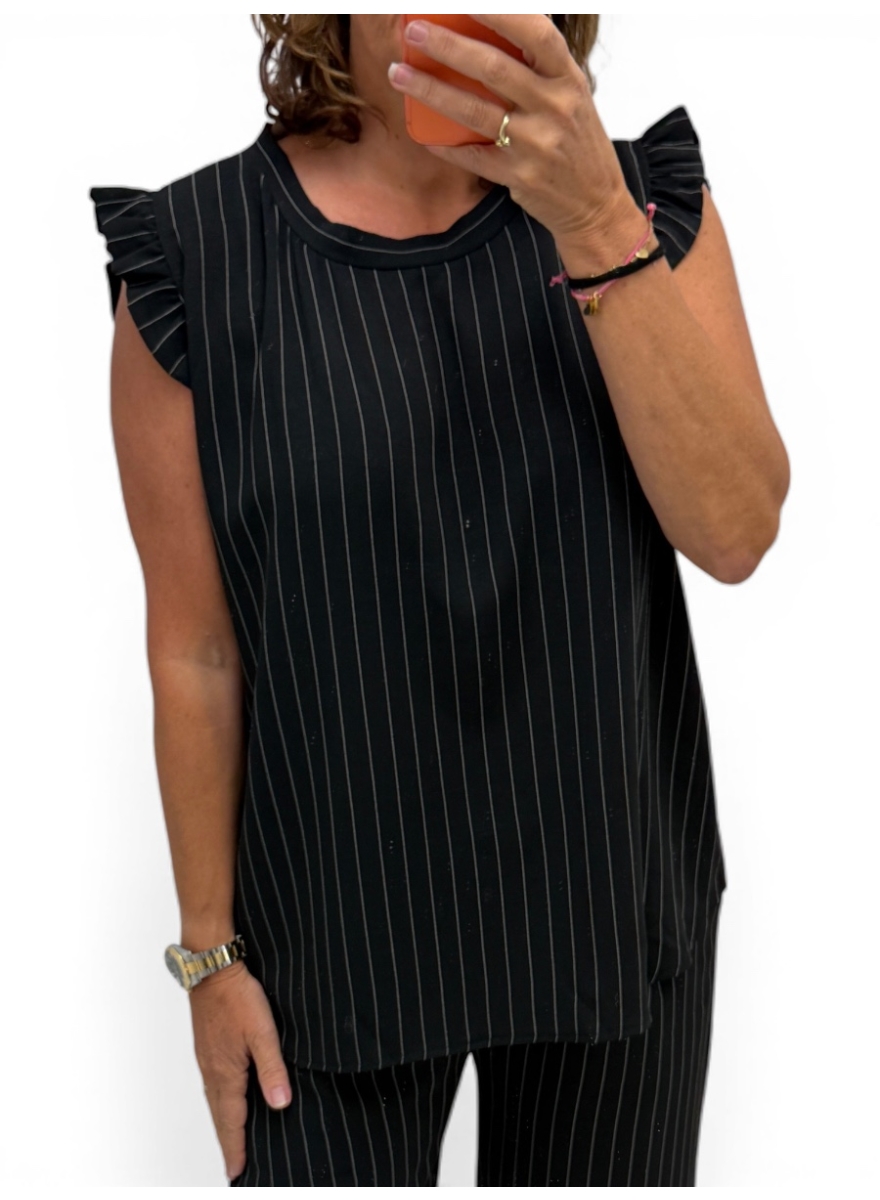 Top met kleine ruffle aan de mouw en STREPEN Lucy zwart
