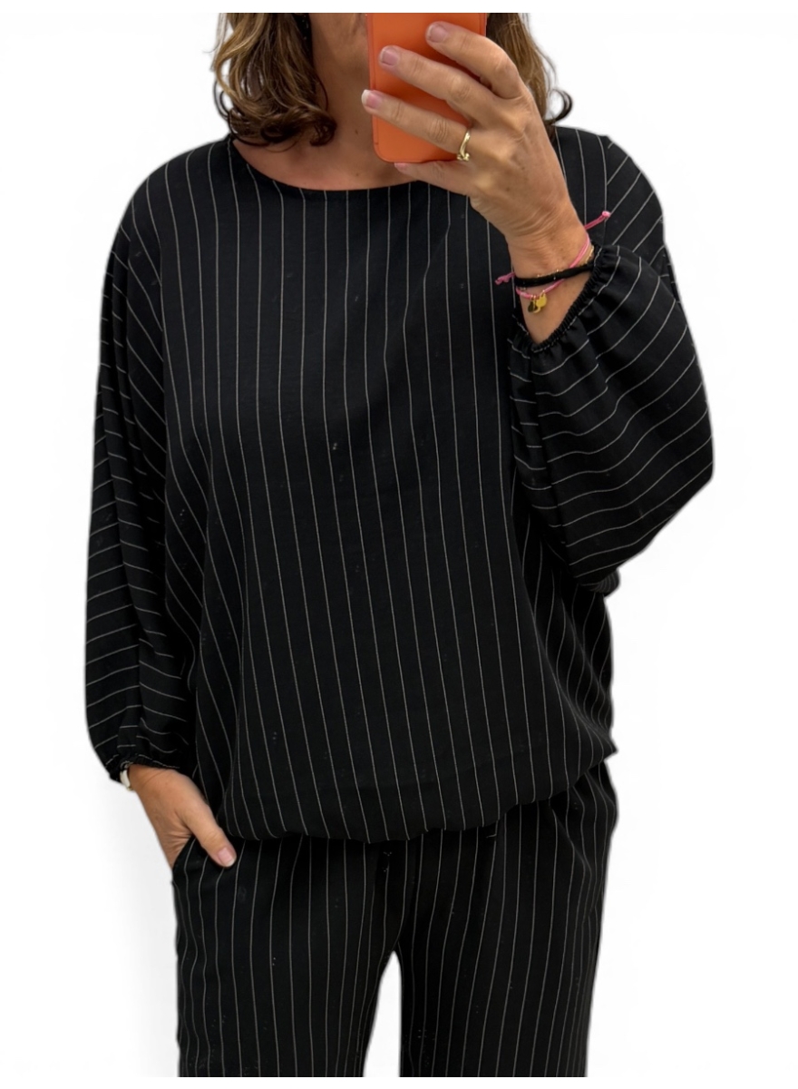 Blouse met vleermuis mouw en strepen Pleun zwart