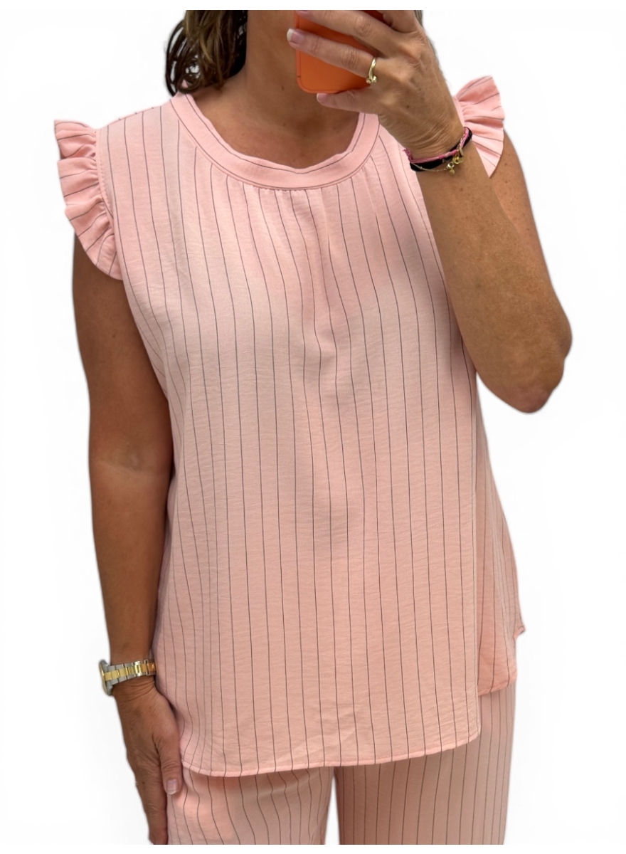 Top met kleine ruffle aan de mouw en STREPEN Lucy zalm