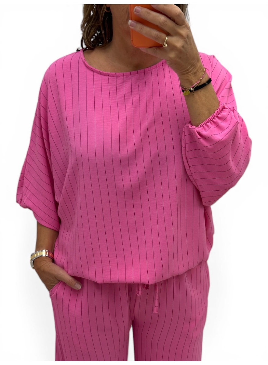 Blouse met vleermuis mouw en strepen Pleun fuchsia