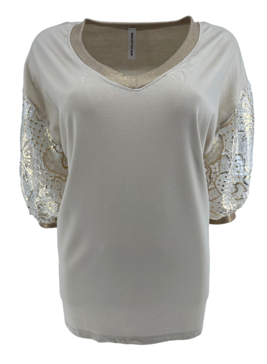 Blouse met gouden boord en kanten bloemen mouw beige