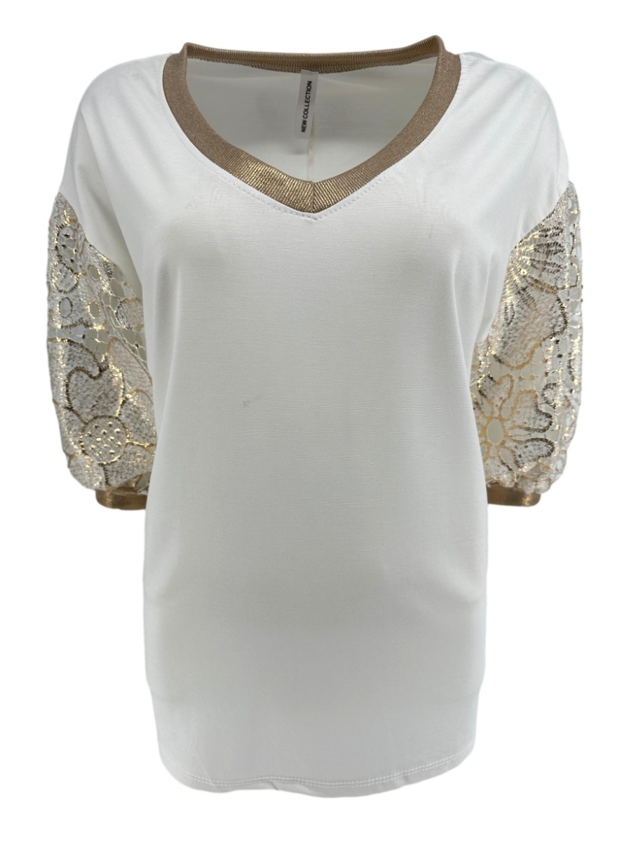 Blouse met gouden boord en kanten bloemen mouw off-white