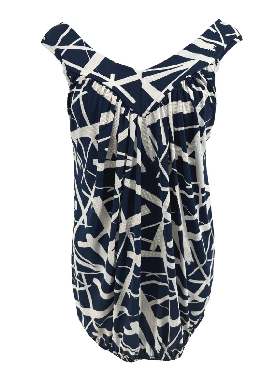 Top van travelstof met brede v-hals boord Astrid Mikado donker blauw.casd SALE