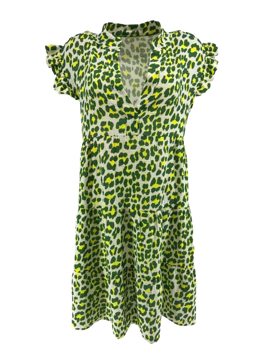 Jurk/tuniek met volant mouw en stroken panterprint Jane groen/geel.(wafel)