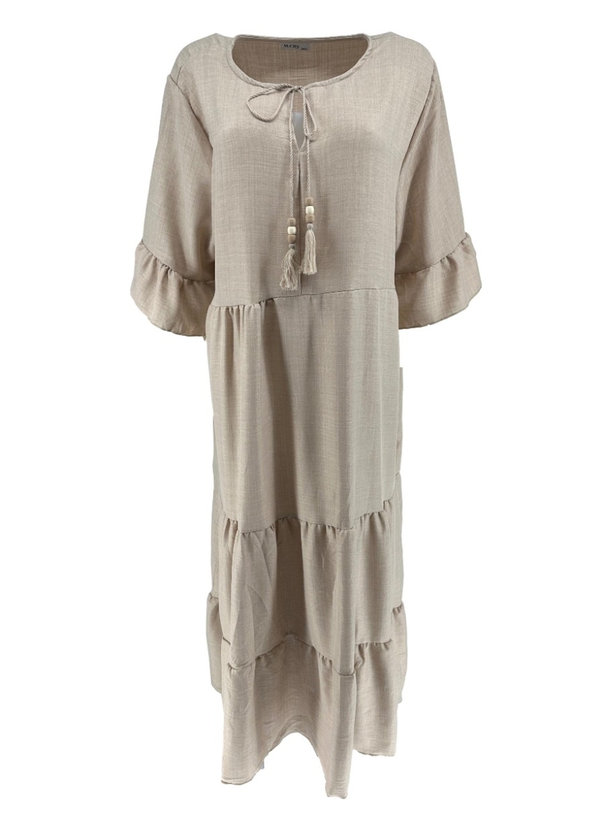 Lange stroken jurk met kralen koord beige (PL1605)..jkd