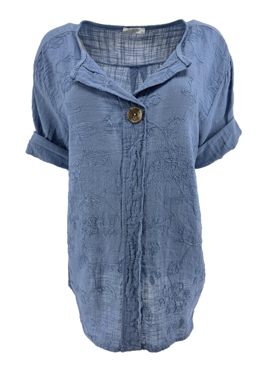 Blouse van linnen-look met knoop en bloemen Flora jeans blauw