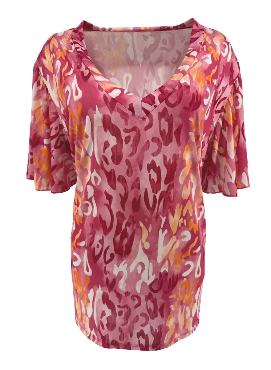 Travelstof shirt met v-hals Charlotte leopard print roze.CRS