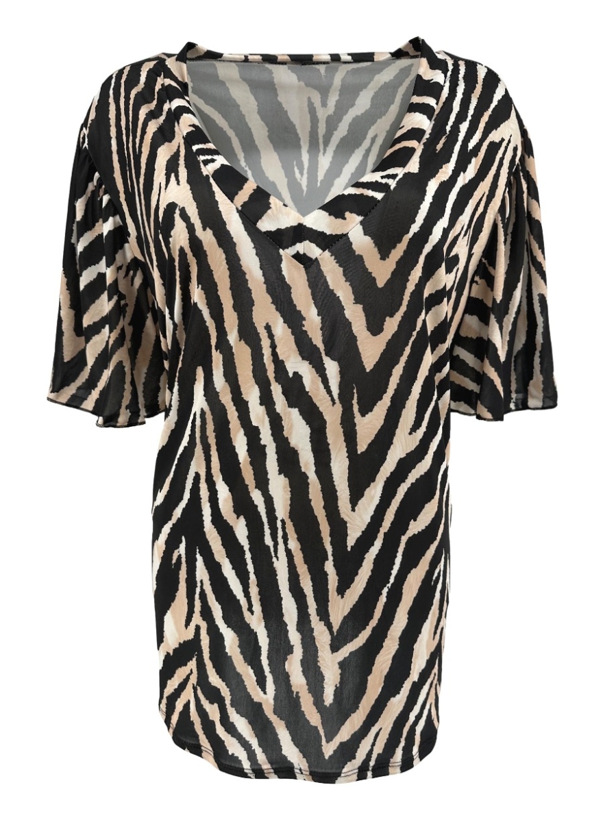 Travelstof shirt met v-hals Charlotte zebra print zwart.CRS