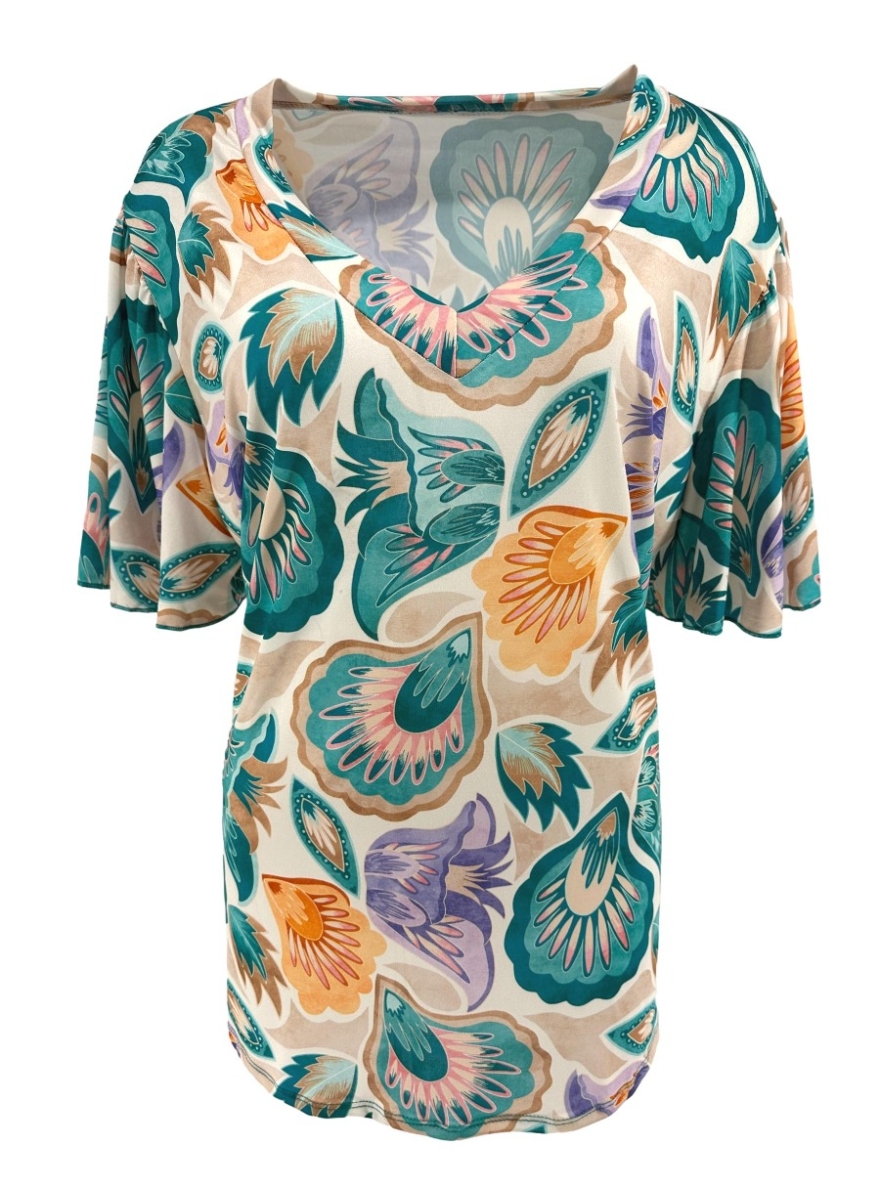 Travelstof shirt met v-hals Charlotte petal turquoise CRS
