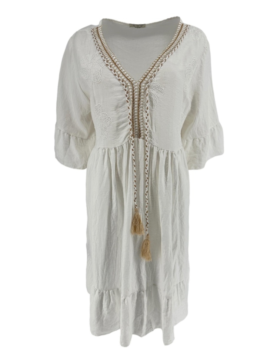 Jurk met borduursels en flosjes Jacqueline off-white