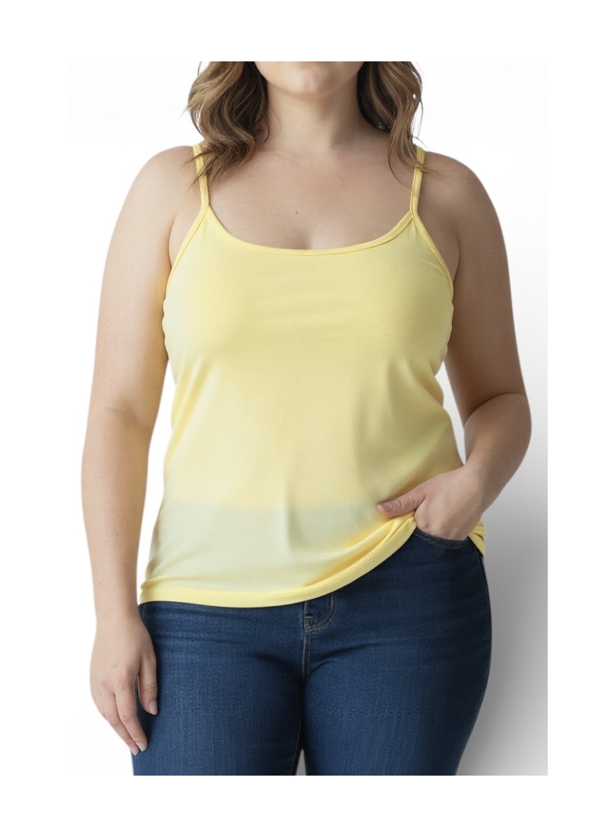 Top van travelstof met spaghetti bandjes geel