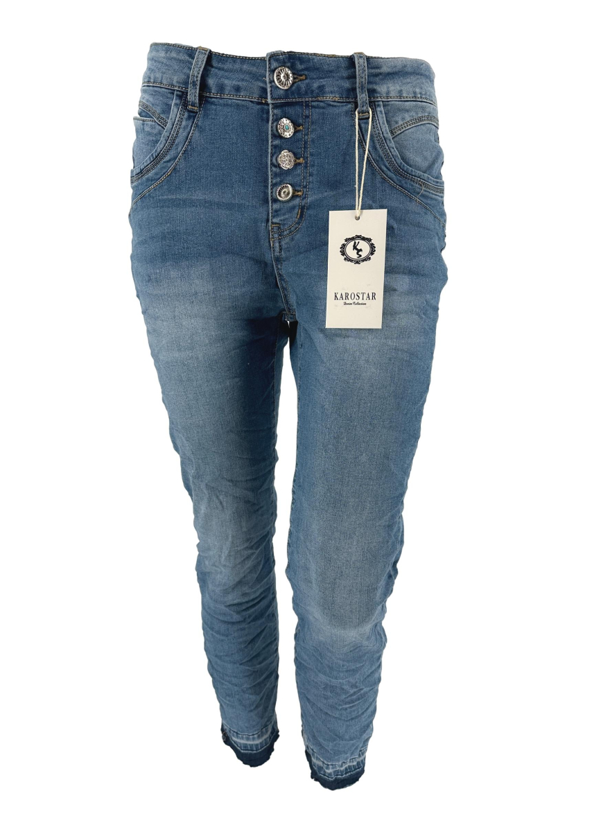 Karostar jeans met sierknopen K2503 denim blue. SALE