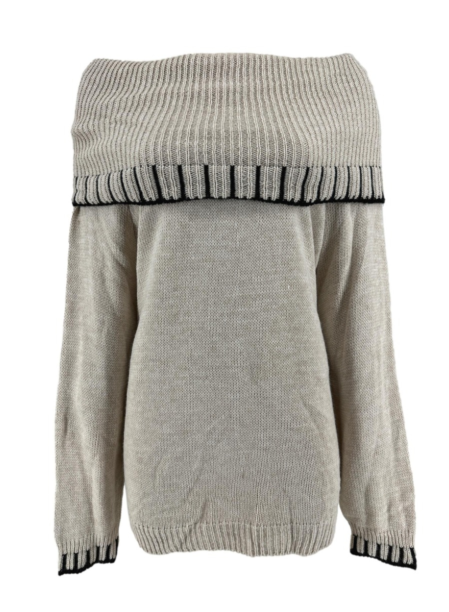 Oversized trui met grote col en streep detail Alma beige creme