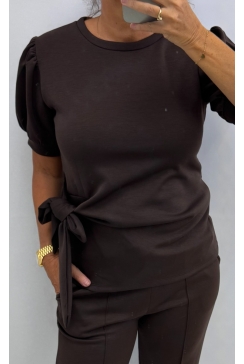 Sweatshirt met knoop aan de onderzijde Marleen puur bruin. swd