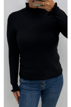 Turtleneck trui met froezel aan de hals en mouw Froetie zwart