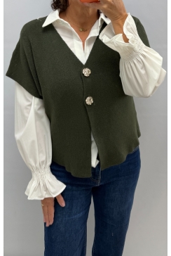 Fijngebreid vest met knopen en korte mouw Romijn dark army