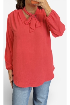 Blouse met strik in de hals Doris uni koraal